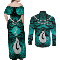 Personalised Maori Matariki Hei Matau Turquoise Couples Matching Off Shoulder Maxi Dress and Long Sleeve Button Shirt Maori Kowhaiwhai Pattern Galaxy LT01 - Polynesian Pride