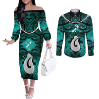 Personalised Maori Matariki Hei Matau Turquoise Couples Matching Off The Shoulder Long Sleeve Dress and Long Sleeve Button Shirt Maori Kowhaiwhai Pattern Galaxy LT01 Turquoise - Polynesian Pride