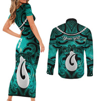 Personalised Maori Matariki Hei Matau Turquoise Couples Matching Short Sleeve Bodycon Dress and Long Sleeve Button Shirt Maori Kowhaiwhai Pattern Galaxy LT01 - Polynesian Pride