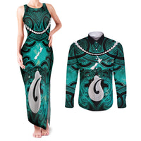 Personalised Maori Matariki Hei Matau Turquoise Couples Matching Tank Maxi Dress and Long Sleeve Button Shirt Maori Kowhaiwhai Pattern Galaxy LT01 Turquoise - Polynesian Pride