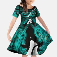 Personalised Maori Matariki Hei Matau Turquoise Family Matching Long Sleeve Bodycon Dress and Hawaiian Shirt Maori Kowhaiwhai Pattern Galaxy LT01 Daughter's Dress Turquoise - Polynesian Pride