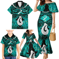 Personalised Maori Matariki Hei Matau Turquoise Family Matching Mermaid Dress and Hawaiian Shirt Maori Kowhaiwhai Pattern Galaxy LT01 - Polynesian Pride