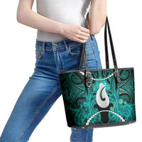 Maori Matariki Hei Matau Turquoise Leather Tote Bag Maori Kowhaiwhai Pattern Galaxy