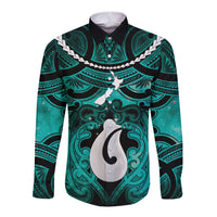 Personalised Maori Matariki Hei Matau Turquoise Long Sleeve Button Shirt Maori Kowhaiwhai Pattern Galaxy