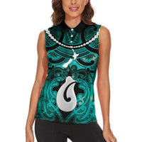 Personalised Maori Matariki Hei Matau Turquoise Women Sleeveless Polo Shirt Maori Kowhaiwhai Pattern Galaxy LT01 - Polynesian Pride
