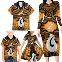 Personalised Maori Matariki Hei Matau Kowhai Family Matching Long Sleeve Bodycon Dress and Hawaiian Shirt Maori Kowhaiwhai Pattern Galaxy LT01 - Polynesian Pride