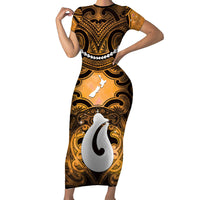 Personalised Maori Matariki Hei Matau Kowhai Short Sleeve Bodycon Dress Maori Kowhaiwhai Pattern Galaxy LT01 Long Dress Yellow - Polynesian Pride