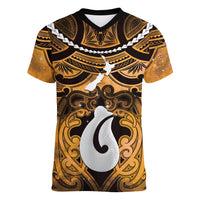 Personalised Maori Matariki Hei Matau Kowhai Women V-Neck T-Shirt Maori Kowhaiwhai Pattern Galaxy LT01 Female Yellow - Polynesian Pride