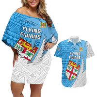Fiji Rugby Couples Matching Off Shoulder Short Dress and Hawaiian Shirt Come On Fijian Tapa Pattern LT01 Blue - Polynesian Pride