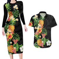 Hawaii Pineapple Tropical Couples Matching Long Sleeve Bodycon Dress and Hawaiian Shirt Colorful Hibiscus Plumeria LT01 Black - Polynesian Pride