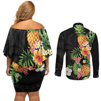 Hawaii Pineapple Tropical Couples Matching Off Shoulder Short Dress and Long Sleeve Button Shirt Colorful Hibiscus Plumeria