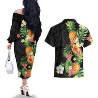 Hawaii Pineapple Tropical Couples Matching Off The Shoulder Long Sleeve Dress and Hawaiian Shirt Colorful Hibiscus Plumeria
