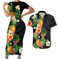 Hawaii Pineapple Tropical Couples Matching Short Sleeve Bodycon Dress and Hawaiian Shirt Colorful Hibiscus Plumeria LT01 Black - Polynesian Pride
