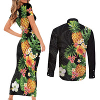 Hawaii Pineapple Tropical Couples Matching Short Sleeve Bodycon Dress and Long Sleeve Button Shirt Colorful Hibiscus Plumeria