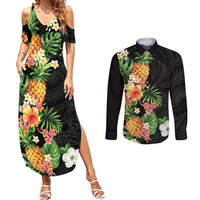 Hawaii Pineapple Tropical Couples Matching Summer Maxi Dress and Long Sleeve Button Shirt Colorful Hibiscus Plumeria