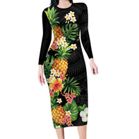 Hawaii Pineapple Tropical Family Matching Long Sleeve Bodycon Dress and Hawaiian Shirt Colorful Hibiscus Plumeria
