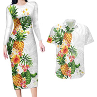 Hawaii Pineapple Tropical Couples Matching Long Sleeve Bodycon Dress and Hawaiian Shirt Luminous Hibiscus Plumeria LT01 White - Polynesian Pride