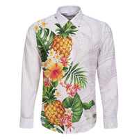 Hawaii Pineapple Tropical Family Matching Off The Shoulder Long Sleeve Dress and Hawaiian Shirt Luminous Hibiscus Plumeria LT01 Dad's Shirt - Long Sleeve White - Polynesian Pride