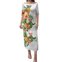 Hawaii Pineapple Tropical Family Matching Puletasi and Hawaiian Shirt Luminous Hibiscus Plumeria LT01 Mom's Dress White - Polynesian Pride