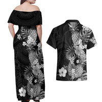 Hawaii Pineapple Tropical Couples Matching Off Shoulder Maxi Dress and Hawaiian Shirt Neutral Hibiscus Plumeria LT01 - Polynesian Pride