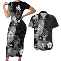 Hawaii Pineapple Tropical Couples Matching Short Sleeve Bodycon Dress and Hawaiian Shirt Neutral Hibiscus Plumeria LT01 Black - Polynesian Pride