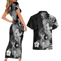 Hawaii Pineapple Tropical Couples Matching Short Sleeve Bodycon Dress and Hawaiian Shirt Neutral Hibiscus Plumeria LT01 - Polynesian Pride