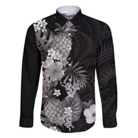 Hawaii Pineapple Tropical Family Matching Off The Shoulder Long Sleeve Dress and Hawaiian Shirt Neutral Hibiscus Plumeria LT01 Dad's Shirt - Long Sleeve Black - Polynesian Pride