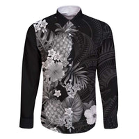 Hawaii Pineapple Tropical Family Matching Off Shoulder Maxi Dress and Hawaiian Shirt Neutral Hibiscus Plumeria LT01 Dad's Shirt - Long Sleeve Black - Polynesian Pride
