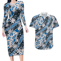 Ninamu Tahiti Tiare Monstera Couples Matching Long Sleeve Bodycon Dress and Hawaiian Shirt Polynesian Pattern Curve Style LT01 Blue - Polynesian Pride