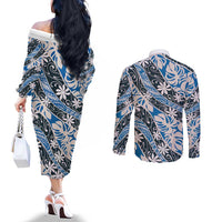 Ninamu Tahiti Tiare Monstera Couples Matching Off The Shoulder Long Sleeve Dress and Long Sleeve Button Shirt Polynesian Pattern Curve Style LT01 - Polynesian Pride