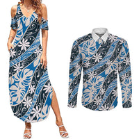 Ninamu Tahiti Tiare Monstera Couples Matching Summer Maxi Dress and Long Sleeve Button Shirt Polynesian Pattern Curve Style LT01 Blue - Polynesian Pride