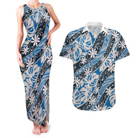 Ninamu Tahiti Tiare Monstera Couples Matching Tank Maxi Dress and Hawaiian Shirt Polynesian Pattern Curve Style LT01 Blue - Polynesian Pride