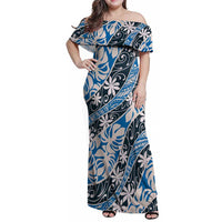 Ninamu Tahiti Tiare Monstera Family Matching Off Shoulder Maxi Dress and Hawaiian Shirt Polynesian Pattern Curve Style LT01 Mom's Dress Blue - Polynesian Pride