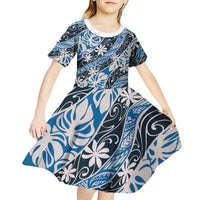 Ninamu Tahiti Tiare Monstera Kid Short Sleeve Dress Polynesian Pattern Curve Style - Polynesian Pride
