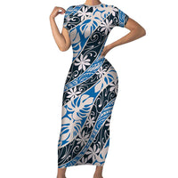 Ninamu Tahiti Tiare Monstera Short Sleeve Bodycon Dress Polynesian Pattern Curve Style - Polynesian Pride