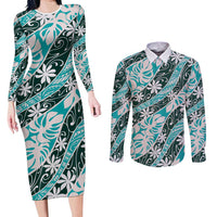 Cyan Tahiti Tiare Monstera Couples Matching Long Sleeve Bodycon Dress and Long Sleeve Button Shirt Polynesian Pattern Curve Style LT01 Cyan - Polynesian Pride