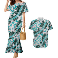 Cyan Tahiti Tiare Monstera Couples Matching Mermaid Dress and Hawaiian Shirt Polynesian Pattern Curve Style LT01 Cyan - Polynesian Pride
