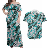 Cyan Tahiti Tiare Monstera Couples Matching Off Shoulder Maxi Dress and Hawaiian Shirt Polynesian Pattern Curve Style LT01 Cyan - Polynesian Pride