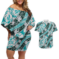 Cyan Tahiti Tiare Monstera Couples Matching Off Shoulder Short Dress and Hawaiian Shirt Polynesian Pattern Curve Style LT01 Cyan - Polynesian Pride