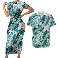 Cyan Tahiti Tiare Monstera Couples Matching Short Sleeve Bodycon Dress and Hawaiian Shirt Polynesian Pattern Curve Style LT01 Cyan - Polynesian Pride
