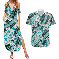 Cyan Tahiti Tiare Monstera Couples Matching Summer Maxi Dress and Hawaiian Shirt Polynesian Pattern Curve Style LT01 Cyan - Polynesian Pride