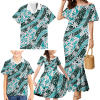 Cyan Tahiti Tiare Monstera Family Matching Mermaid Dress and Hawaiian Shirt Polynesian Pattern Curve Style LT01 - Polynesian Pride