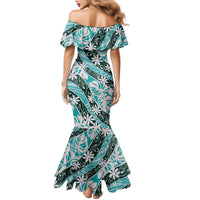 Cyan Tahiti Tiare Monstera Family Matching Mermaid Dress and Hawaiian Shirt Polynesian Pattern Curve Style LT01 - Polynesian Pride
