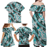 Cyan Tahiti Tiare Monstera Family Matching Off Shoulder Maxi Dress and Hawaiian Shirt Polynesian Pattern Curve Style LT01 - Polynesian Pride