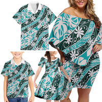 Cyan Tahiti Tiare Monstera Family Matching Off Shoulder Short Dress and Hawaiian Shirt Polynesian Pattern Curve Style LT01 - Polynesian Pride