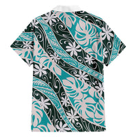 Cyan Tahiti Tiare Monstera Family Matching Off Shoulder Short Dress and Hawaiian Shirt Polynesian Pattern Curve Style LT01 - Polynesian Pride