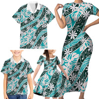 Cyan Tahiti Tiare Monstera Family Matching Short Sleeve Bodycon Dress and Hawaiian Shirt Polynesian Pattern Curve Style LT01 - Polynesian Pride