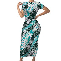 Cyan Tahiti Tiare Monstera Family Matching Short Sleeve Bodycon Dress and Hawaiian Shirt Polynesian Pattern Curve Style LT01 Mom's Dress Cyan - Polynesian Pride