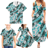 Cyan Tahiti Tiare Monstera Family Matching Summer Maxi Dress and Hawaiian Shirt Polynesian Pattern Curve Style LT01 - Polynesian Pride