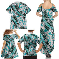 Cyan Tahiti Tiare Monstera Family Matching Summer Maxi Dress and Hawaiian Shirt Polynesian Pattern Curve Style LT01 - Polynesian Pride